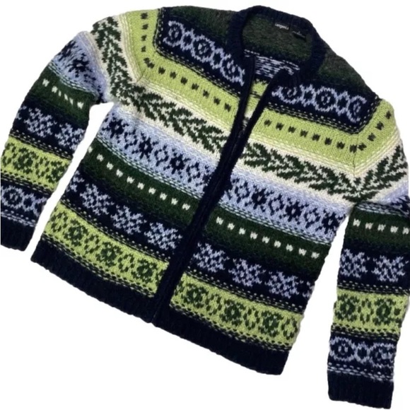 Vintage Fair Isle Zip Cardigan 90s Retro Tangents Wool Blend Sweater Women's S - Picture 2 of 11